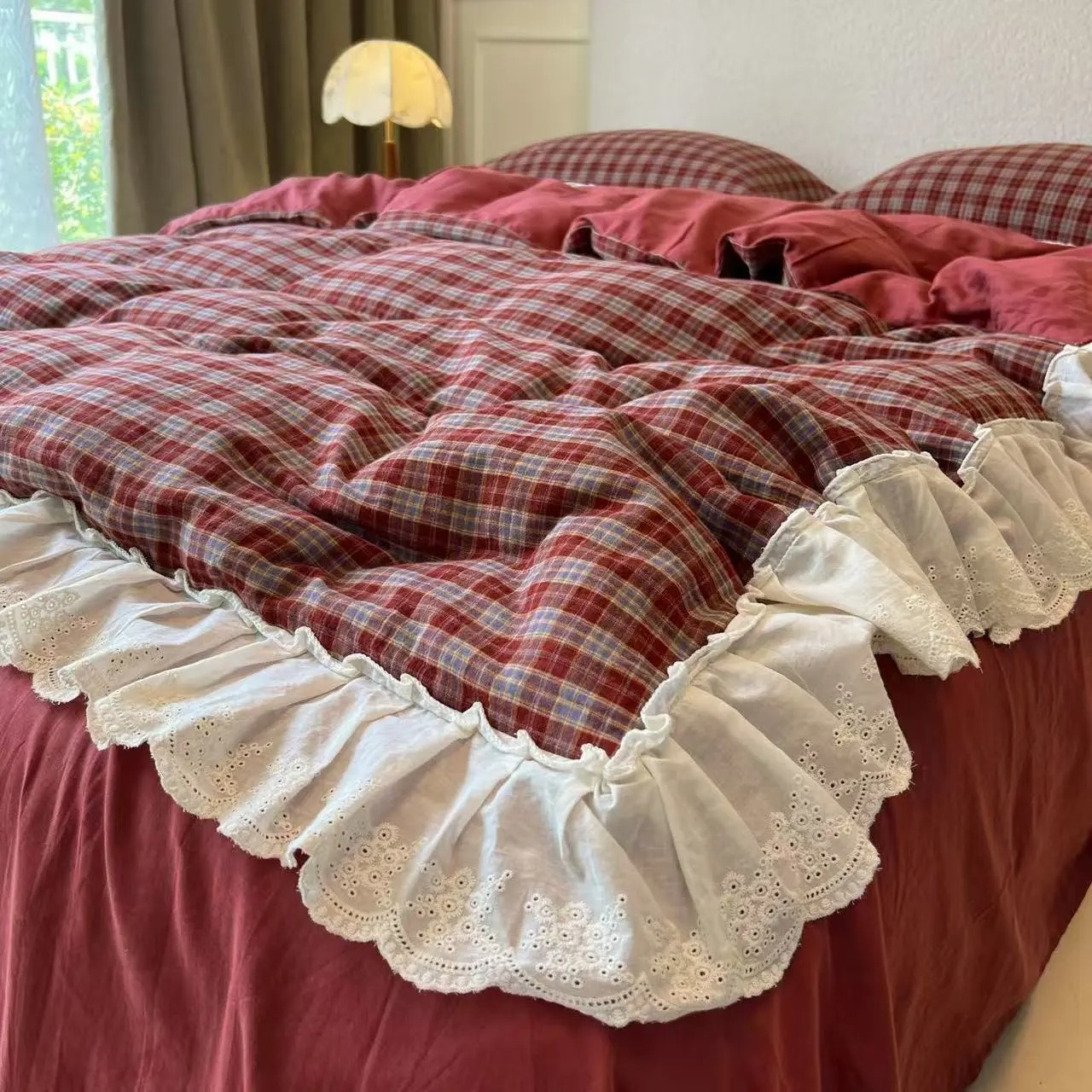 Korean-Style Red Plaid Washed  – обзор и цена Vintage Home Textiles